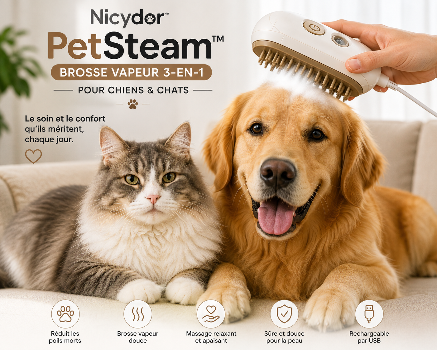 Nicydor PetSteam™ Brosse vapeur 3-en-1 pour chiens & chats
